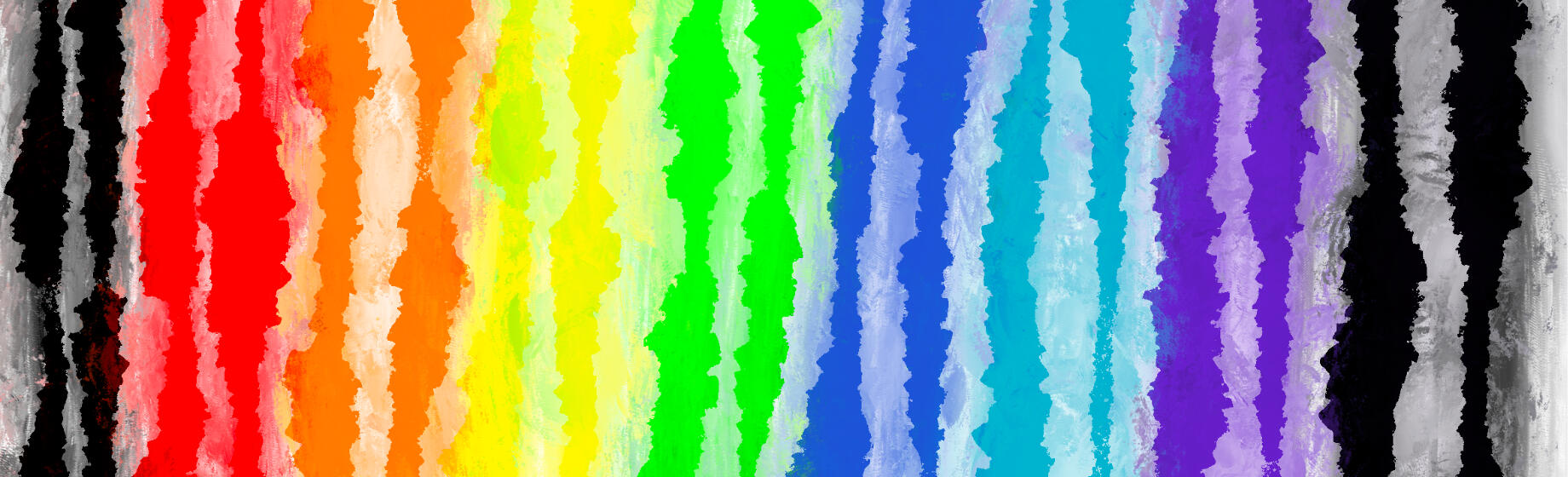 Art created by Toni D. Colors of the pride flag along with the color black are displayed as rough, uneven horizontal lines with a blurry background.